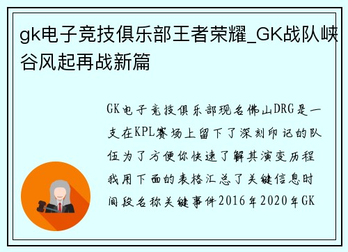 gk电子竞技俱乐部王者荣耀_GK战队峡谷风起再战新篇